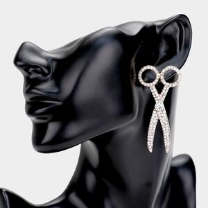 Gold Scissor Shaped Rhinestone Crystal Drop Earrings Fashion Statement Jewelry